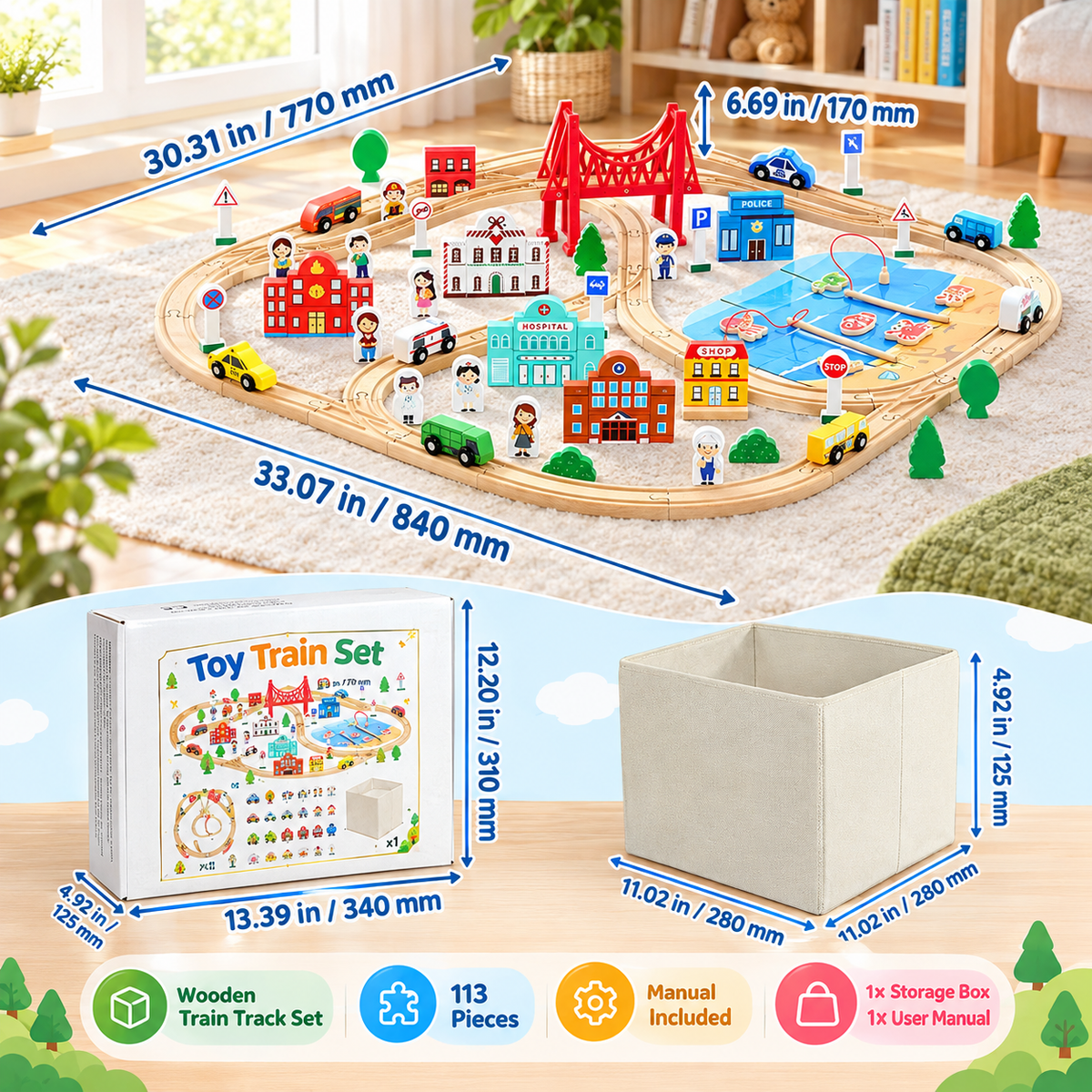 113 Piece Wooden Train Set